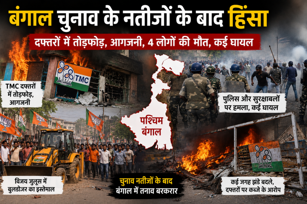 बंगाल में नतीजों के बाद भड़की हिंसा: जीत के जश्न के बीच आगजनी, हमले और मौतों से तनाव बंगाल में नतीजों के बाद भड़की हिंसा: जीत के जश्न के बीच आगजनी, हमले और मौतों से तनाव