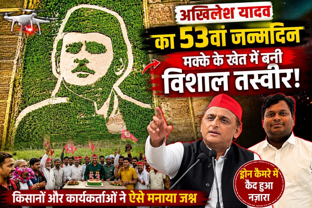 20 बीघे के मक्के के खेत में उभरी अखिलेश यादव की विशाल तस्वीर, गाजीपुर में अनोखे अंदाज में मनाया गया 53वां जन्मदिन 20 बीघे के मक्के के खेत में उभरी अखिलेश यादव की विशाल तस्वीर, गाजीपुर में अनोखे अंदाज में मनाया गया 53वां जन्मदिन